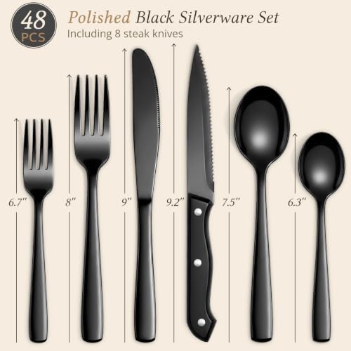 Hiware 48-Piece Black Silverware Set for 8, 18/8 Stainless Steel Flatware Cutlery Set with Forks, Knives, Spoons, Steak Knives, Durable and Elegant Design Utensils Tableware - Dishwasher Safe