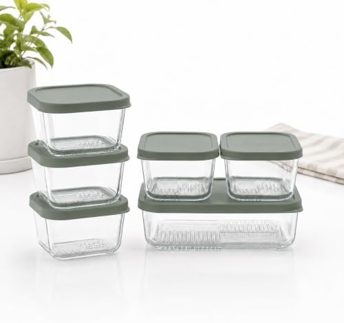Glass Food Storage Containers with Lids - 12 Piece - 3 x 10.5 oz, 1 x 26.5 oz & 2 x 40.57 oz Glass with BPA-Free Leak Resistant Stackable Lids - Microwave, Oven & Dishwasher Safe - Ideal - Soft Sage
