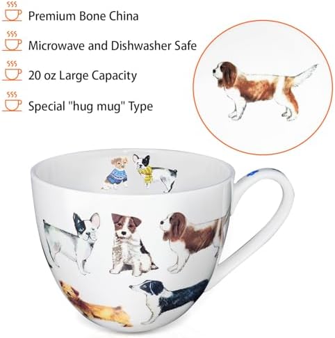 Cute Dog Mugs for Daily Coffee and Tea, Premium 20 oz Bone China Coffee Tea Hug Mug, Perfect Holiday, Birthday, and Christmas Gift for Dog Lovers, Designed in England by Harvest Green Studio