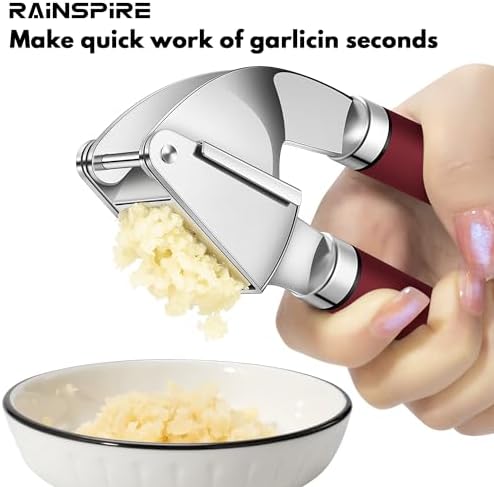Rainspire Premium Garlic Press Stainless Steel, Garlic Mincer Tool, Garlic Crusher Tool, Garlic Smasher Garlic Masher Includes Silicone Garlic Peeler & Cleaning Brush, Dishwasher Safe (Red)