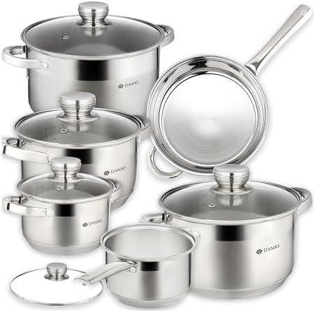 Daniks Standard 11-Piece Stainless Steel Cookware Set with Glass Lids, Includes Saucepan with Lid and Frying Pan, Tri-Ply Bases for Even Heating, Induction Compatible, Dishwasher Safe, Silver
