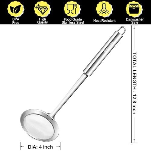 Anaeat 4" Stainless Steel Fat Skimmer Spoon - Professional Kitchen Fine Mesh Food Strainer and Hot Pot Skimmer with Long Handle for Skimming, Cooking, Frying, Grease, Gravy and Foam Diameter