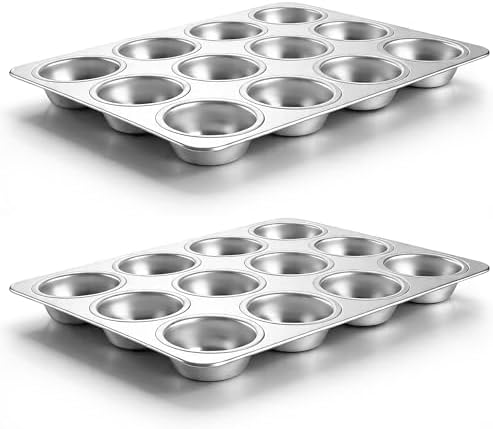 LIANYU 12 Cups Muffin Pan for Baking, 2 Pack Stainless Steel Cupcake Tin