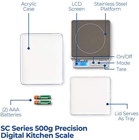 American Weigh Scales SC Series Precision Digital Kitchen Weight Scale, Food Measuring Scale, 2kg x 0.1g (Silver), AMW-SC-2KG (500g x 0.01g)