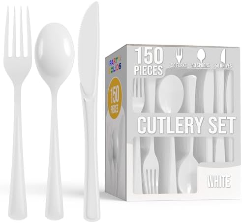 Party Solids White Plastic Silverware 150 Pcs White Cutlery Set