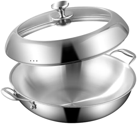DELARLO Tri-Ply Stainless Steel Wok Pan with Lid 14inch, Healthy Non-Toxic Flat Bottom Induction Wok, Stir Fry Pan for Glass Top Stove Up to 600℉