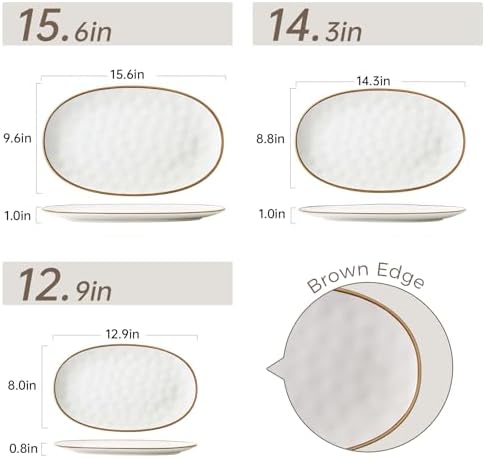 Ceramic Oval Serving Platter with Brown Rim: 15.6/14.3/12.9 Inch Large Serving Dishes for Entertaining Party, Turkey, Steak, Ham, Microwave Dishwasher Safe
