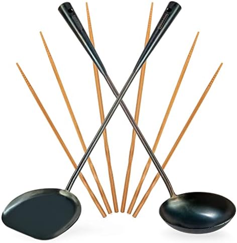 YOSUKATA 17" Blue Carbon Steel Wok Spatula and Ladle, 3 pairs Chopsticks