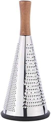 Cone Cheese Grater with Handle - Stainless Steel Triple Function Wood Handle Parmesan Shaver Non-Slip Rubber Bottom Hand Held Multifunction Vegetables Cheese Grater with container(XL:11.8" X 5.1")