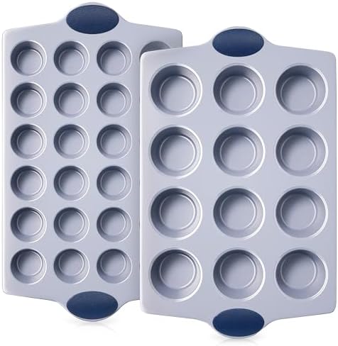 BRONYPRO 2-Pack 12 Cup and Mini 24 Cup Non Toxic Nonstick Ceramic Muffin Pan & Cupcake Tin, PFOA & PTFE Free, Heavy Duty Rust-Resistant Aluminized Steel, Oven Safe, Blue