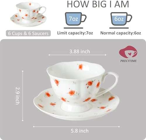 6oz Floral Porcelain Tea Cup & Saucer Set of 6