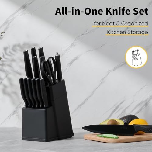 E-far Knife Set, 15-Piece Kitchen Knife Block Set with Sharpener, Black