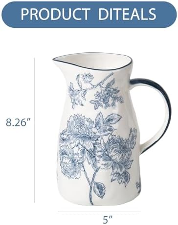 Ceramic Pitcher Vase, Blue and White Vase for Home Decor, Chinoiserie Decor