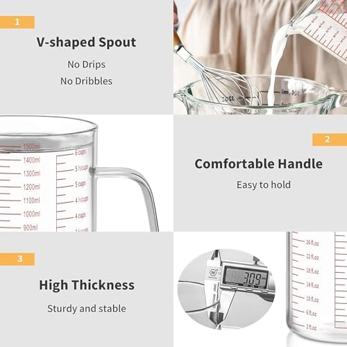 Luvan 6 Cups Glass Measuring Cup, Easy to Read with 3 measurement scales (Ml/Oz/Cup), Insulated Handle and V-shaped Spout, High Borosilicate Glass Measuring Cup, Ideal for Kitchen or Restaurant