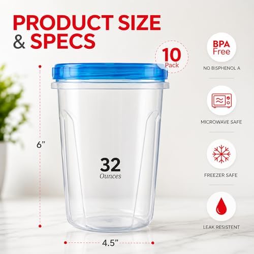 Tafura Freezer Storage Containers, 10 Pack, 32 Oz Leakproof BPA-Free Lids