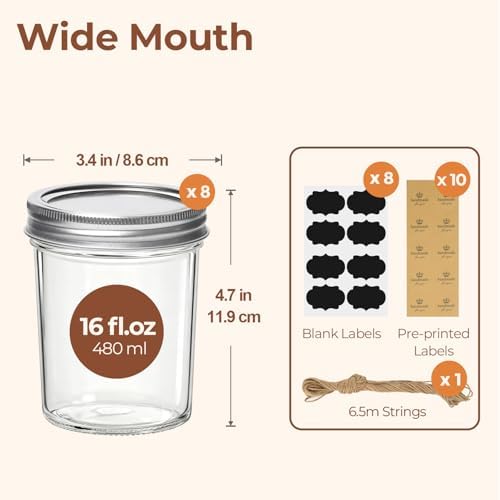 ComSaf 16 oz Wide Mouth Mason Jars Bulk Set, 8 Pack Jars with Lids