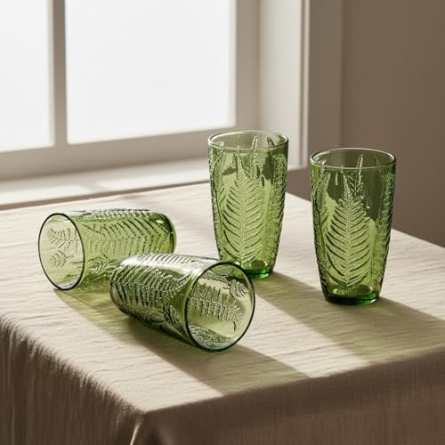Green Drinking Glasses Set of 8, 16 oz Glass Cups, Vintage Fern Glassware