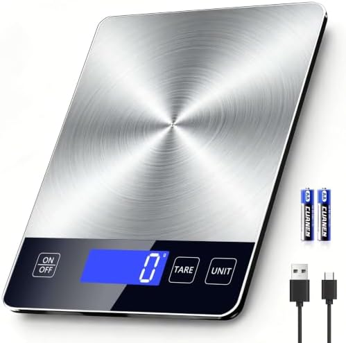 Food Scales for Kitchen, 33lb Kitchen Scales Digital Weight Grams and Ounces, Stainless Steel Food Weight Scale Rechargeable for Baking Cooking, Batteries and Type-C Charging with LCD Display
