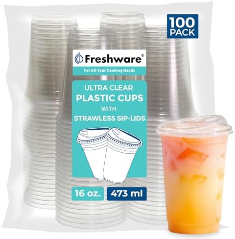 Freshware Clear Plastic Cups with Strawless Sip Lids [100 Cups - 16 oz] Disposable Cup for Iced Coffee, Smoothie, Milkshake, Cold Drinks