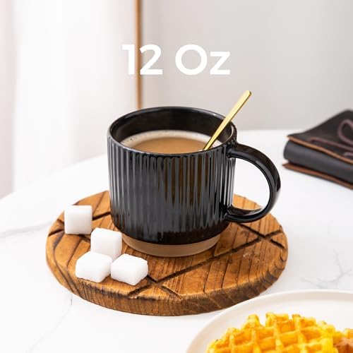 GBhome 12 OZ Stackable Coffee Mugs Set of 6, Ceramic Black Coffee Cups Set