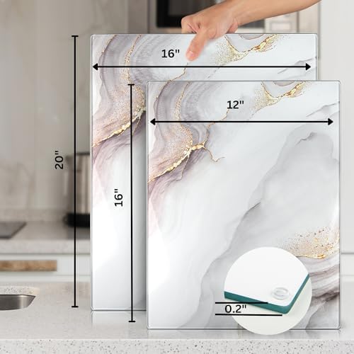 Kitchenville Glass Cutting Board 20”x16”: Tempered Glass Kitchen Counter Protector - Durable- Scratch-Resistant, Heat-Proof - Design 7 - White & Gold