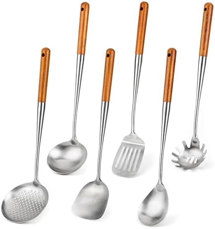 FJNATINH 304 Stainless Steel Kitchen Utensil Sets-6 PCS Wok Spatula Sets Cooking Utensil Tools Spatula, Soup Ladle, Skimmer, Slotted Spatulas Tunner, Spaghetti Spoon