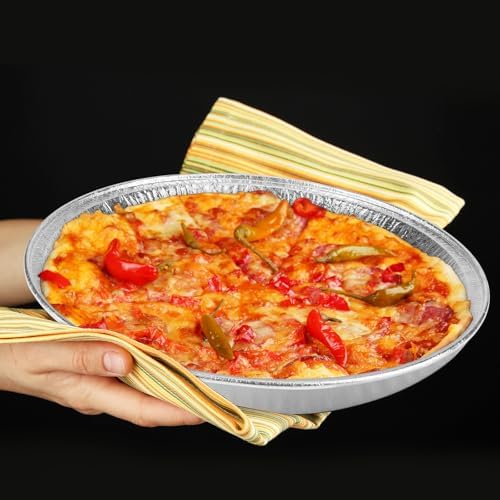 15 Pack Disposable Pizza Pans 12IN, Oven Safe, Aluminium Foil Serving Platters/Trays for Parties, Silver Embossed Foil Serving Dishes/Plates for Vegetable, Fruit, Slices of Cake, Cookies