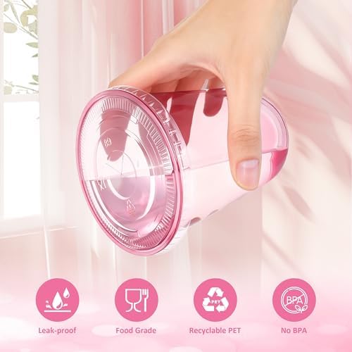 tchrules 100 Set 16oz Pink Plastic Disposable Cups with Lids and Straws