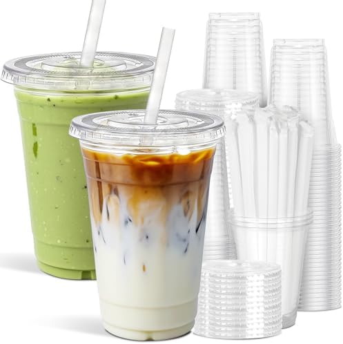 Ginkgo 100 Pack 24oz Clear Plastic Cups with Lids and Straws
