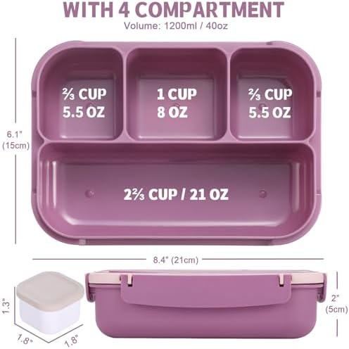 shell and turtle Bento Box Adult Lunch Box, Lunch Containers for Kids Girls Boys with 4 Compartments, Lunchable Food Container with Utensils, Sauce Jar, Muffin Liners, 40 Oz/5 Cup, Dark Purple