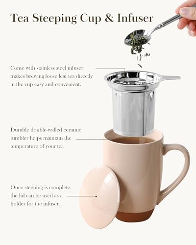 MALACASA Ceramic 18 oz Tea Mug with Lid and Infuser, Khaki Pink