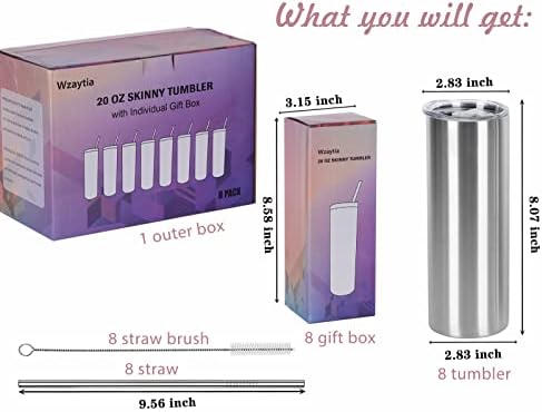 8 Pack 20 Oz Straight Skinny Tumblers, Individually Gift Boxed Stainless Steel Slim Skinny Tumbler Set Bulk, 20 Oz Insulated Slim Thin Travel Tumbler Cup for Diy, Silver