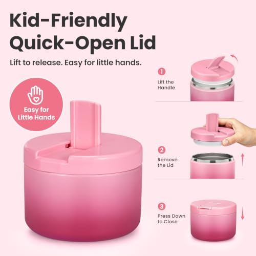 Pawtong 12oz Insulated Vacuum Food Jar with Buckle Lid Wide Mouth Soup Thermo for Hot Food Kids Leakproof Stainless Steel Lunch Container (Gradient Pink, 12OZ)