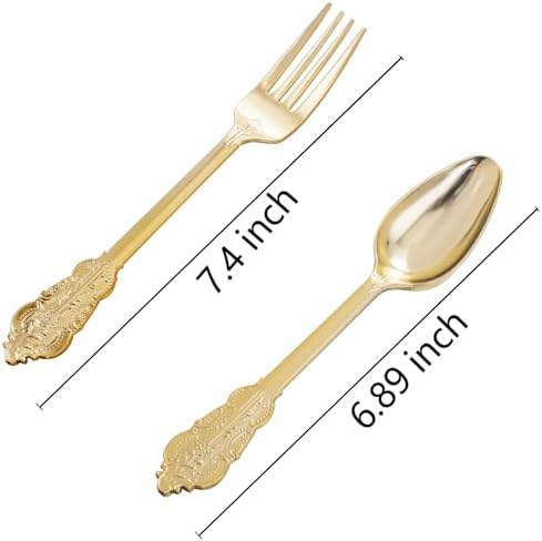 BUCLA 200 Piece Gold Plastic Silverware - Baroque Style Gold Plastic Forks and Spoons - 100 Forks and 100 Spoons for Weddings, Parties & Thanksgiving