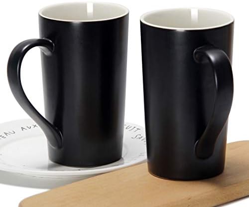 20 oz Large Coffee Mugs, M007 Tall Ceramic Cup with Handle for Dad Men, Set of 2, Black