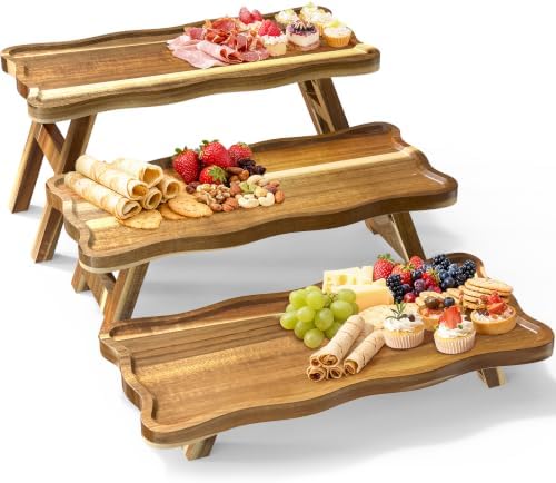 Acacia Wood 3 Tier Cupcake Stand, Serving Tray for Party, Foldable Dessert Table Display Set, Tiered Tray Decor for Party, Birthday, Wedding, Christmas