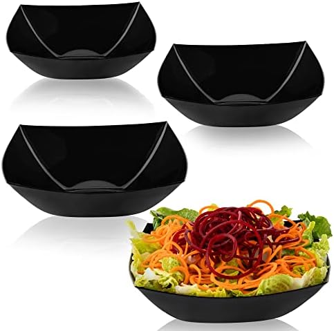 PLASTICPRO Disposable Square Serving Bowls, Party Snack or Salad Bowl, Plastic Black Pack of 4, 64 OUNCE, Black