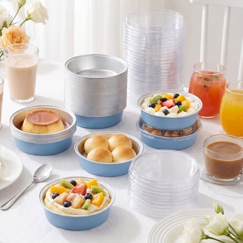 Yinder 120 Pcs 8oz Disposable Mini Pie Pans/tins with Lids Tart Pans, Small Cake Pan Round Containers Aluminum, 4 Inch Mini Cake Pan for Quiche Cheesecake Container Oven Bake Sale(Sky Blue)