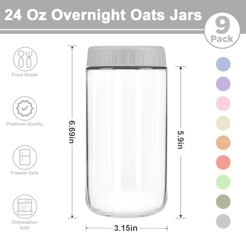 Overnight Oats Containers with Lids, 24oz Wide Mouth Mason Jars with Lids, 9 Pack Glass Jars with Airtight lid for Chia Pudding Yogurt Salad, Meal Prer Oatmeal Jars, Gray