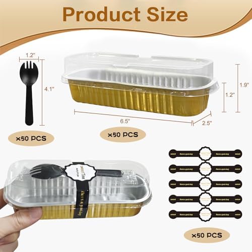 100 Pack Mini Cake Pans with Lids and Spoons, Mini Loaf Baking Pans 6.8oz, Small Disposable Aluminum Foil Loaf Pans, Rectangular Baking Containers for Party and Picnics, Cheesecake Pans (Gold)