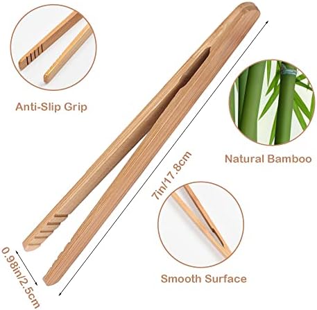 Bamboo Toast Tongs, 7 Inches Mini Wood Cooking Tong with Anti-slip Design Great for Serving Food/Toaster/Bread & Pickles/Sugar/Barbecue,Small Kitchen Tongs Multi-use for Salad, Grilling, Frying (8)