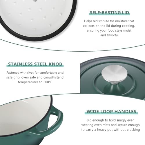 E-far 3 Qt Enameled Cast Iron Dutch Oven with Lid, Small Round Nonstick Dutch Oven Pot for Bread Baking Braising Stews Roasting Cooking, Heavy Duty, Induction & Oven Safe - Forest Green