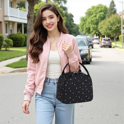 Bluboon Lunch Box for Women Cute Lunch Bag Reusable Insulated Lunch Bags Large Capacity Lunchbox Cooler for Work Picnic or Travel Gifts (Polka Dot Black, 10 x 7.5 x 8 inches)