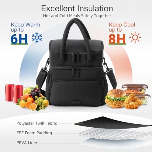 Double Deck Lunch Bag for Women, Black-XL