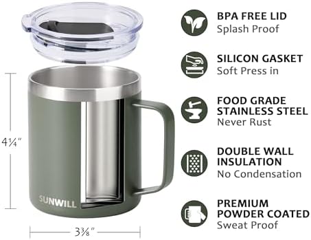SUNWILL Travel Coffee Mug with Lid, Insulated Tumbler with Handle, 14 oz Stainless Steel Cup for Home, Office, Camping, Powder Coated Camp Green