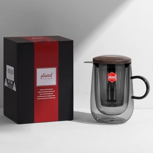 glastal Tea Infuser Mug 14.5oz Double-Walled Glass Teacup Infuser, Black