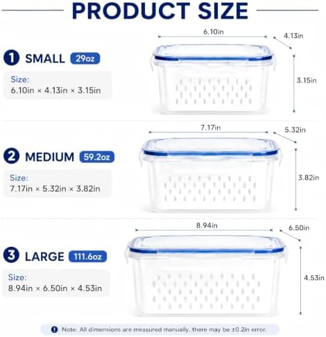 3 Pcs Fruit Storage Containers for Fridge, Produce Storage Containers with Removable Colander Basket & Airtight Lid,food storage containers, for Fruits, Vegetables & Meat