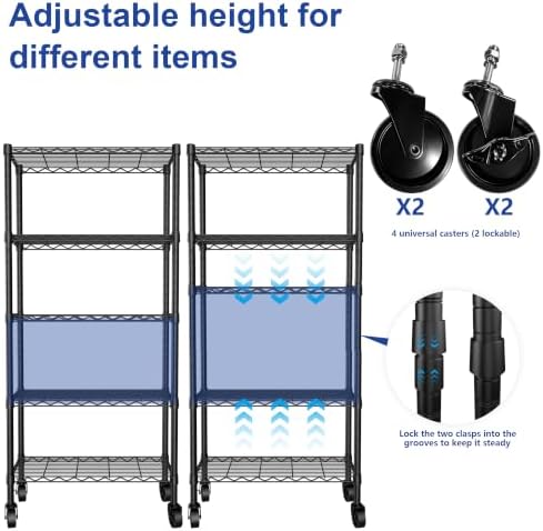 REGILLER 5-Wire Shelving Metal Storage Rack Adjustable Shelves,Standing Storage Shelf Units for Laundry Bathroom Kitchen Pantry Closet(Black,14.1" D x 30" W x 82" H,With Wheels)