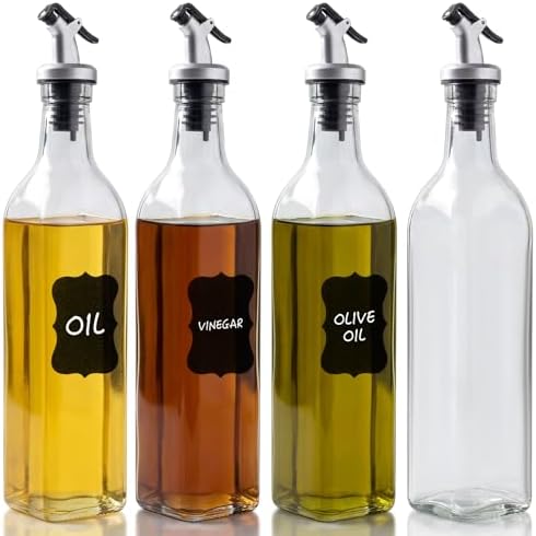 4 Pack 17 oz (500ml) Clear Glass Oil & Vinegar Dispenser Bottles, Leakproof Set with 4 Pour Spouts & 4 Labels, Kitchen Tools for Salad, BBQ, Air Fryer Cooking