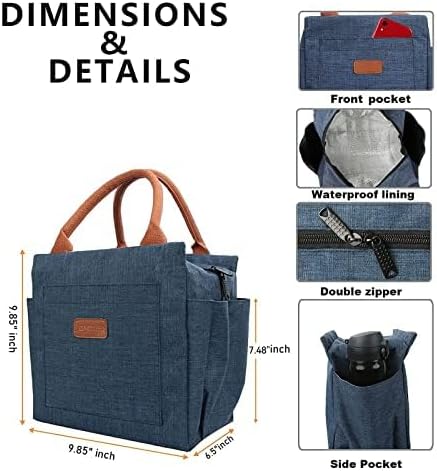Joymee Lunch Bag Women Insulated Lunch Box Reusable Leakproof Large Spacious Tote for Women Men Adult with Bottle Holder and Side Pockets for Work Picnic Travel - Navy Blue